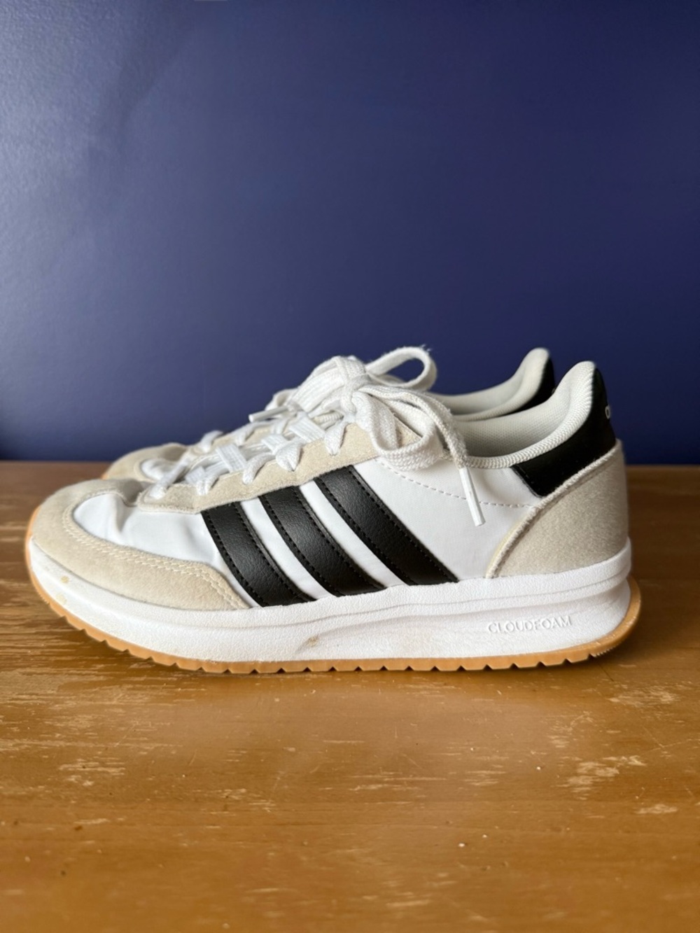adidas White Sneakers with Black Stripes and Gum Sole